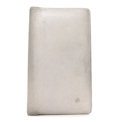 Chanel Metallic Goatskin Camellia Embossed Yen Wallet Silver 1 of 9