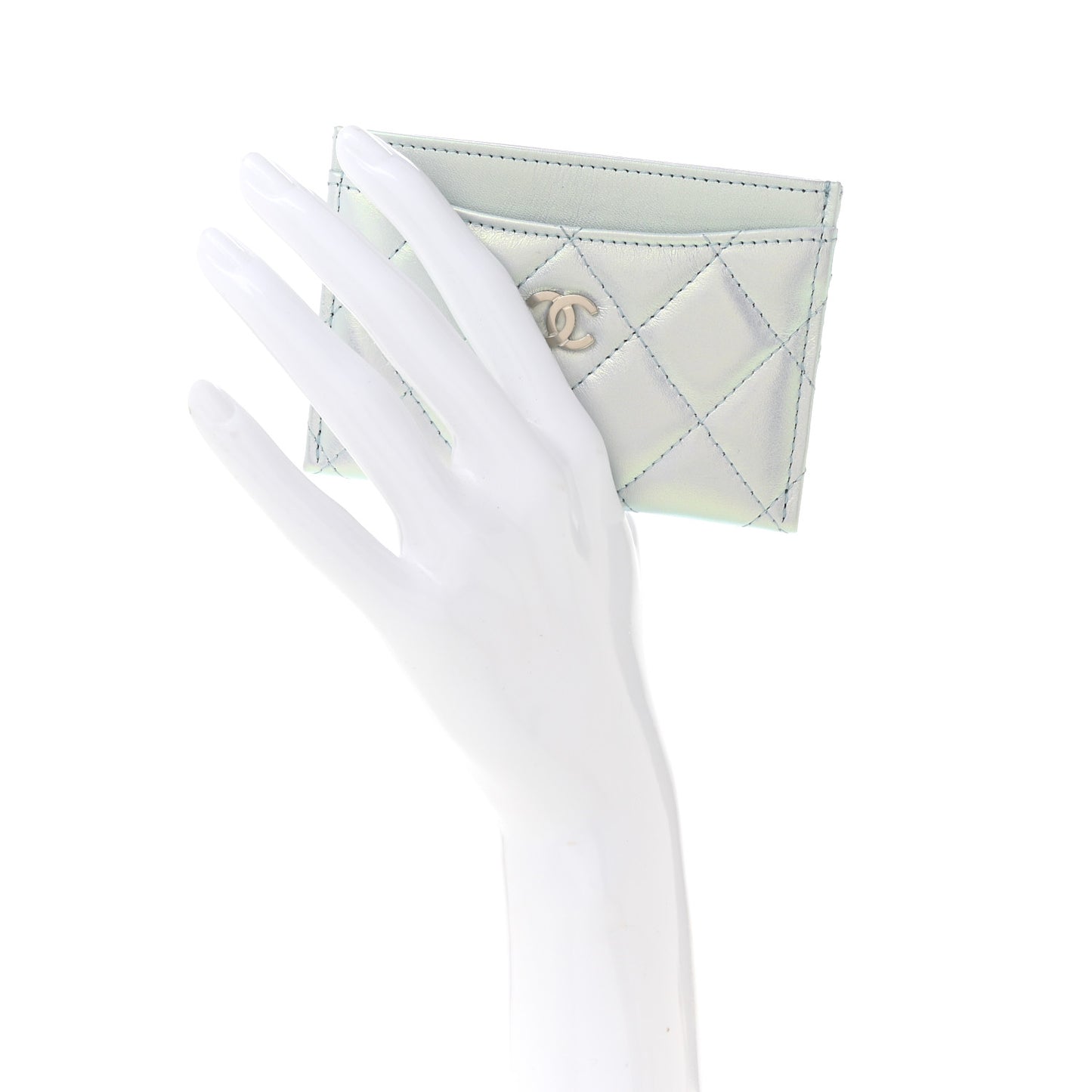 Iridescent Lambskin Quilted Card Holder Light Blue