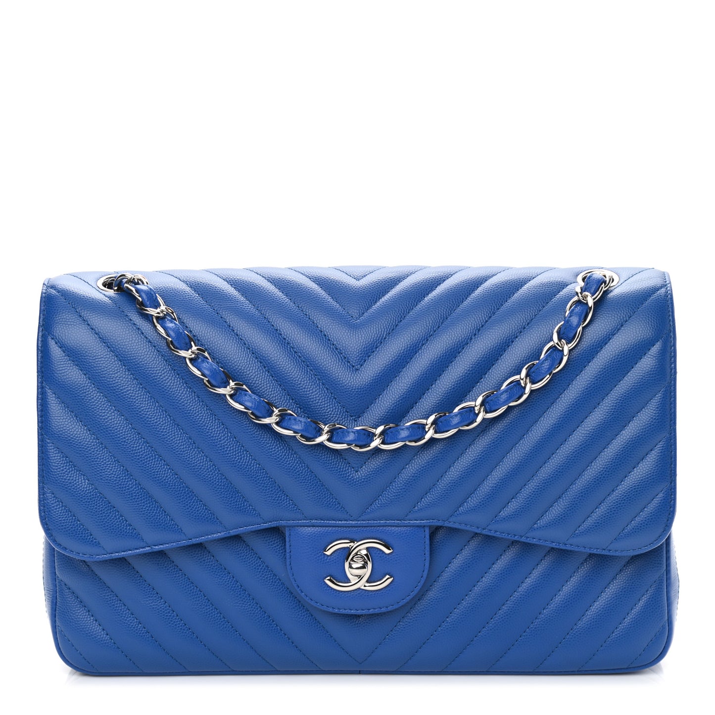 Caviar Chevron Quilted Jumbo Double Flap Blue