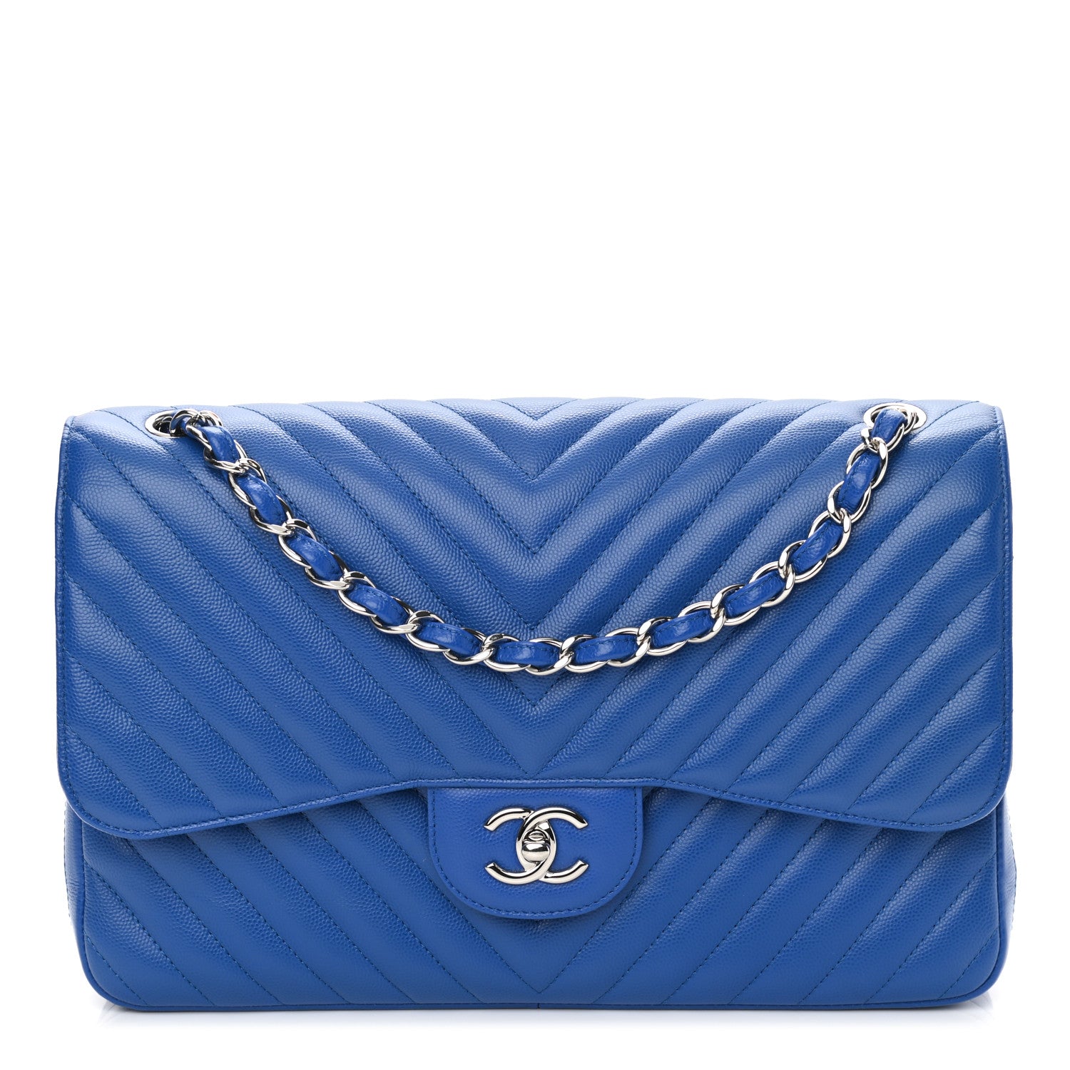 Chanel Caviar Chevron Quilted Jumbo Double Flap Blue 1 of 10