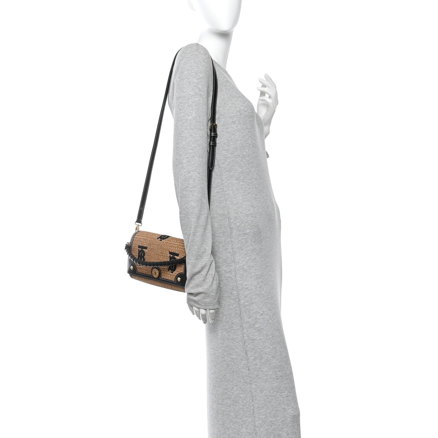 Raffia Calfskin TB Small Note Crossbody Bag Natural Black