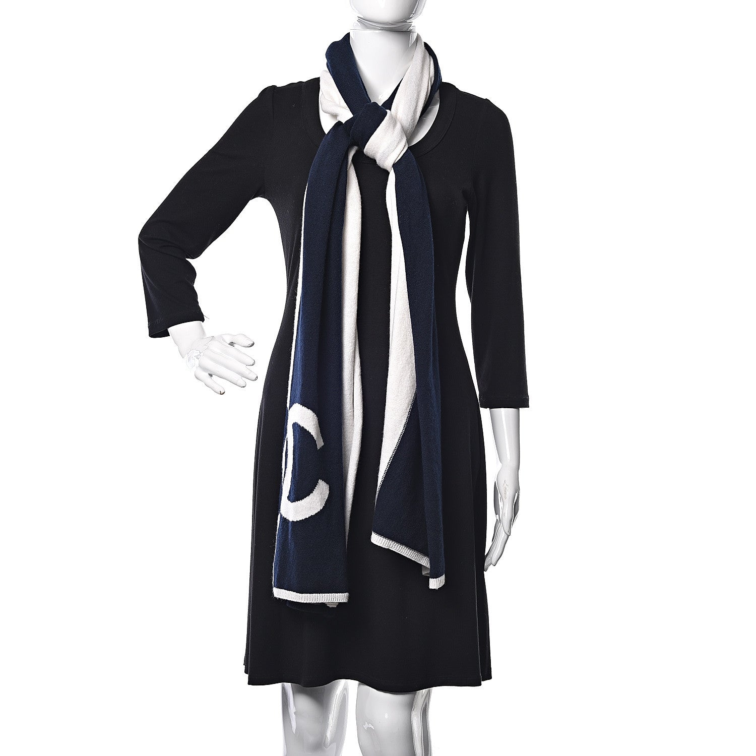 Chanel Cashmere CC Scarf Navy Ivory 2 of 7