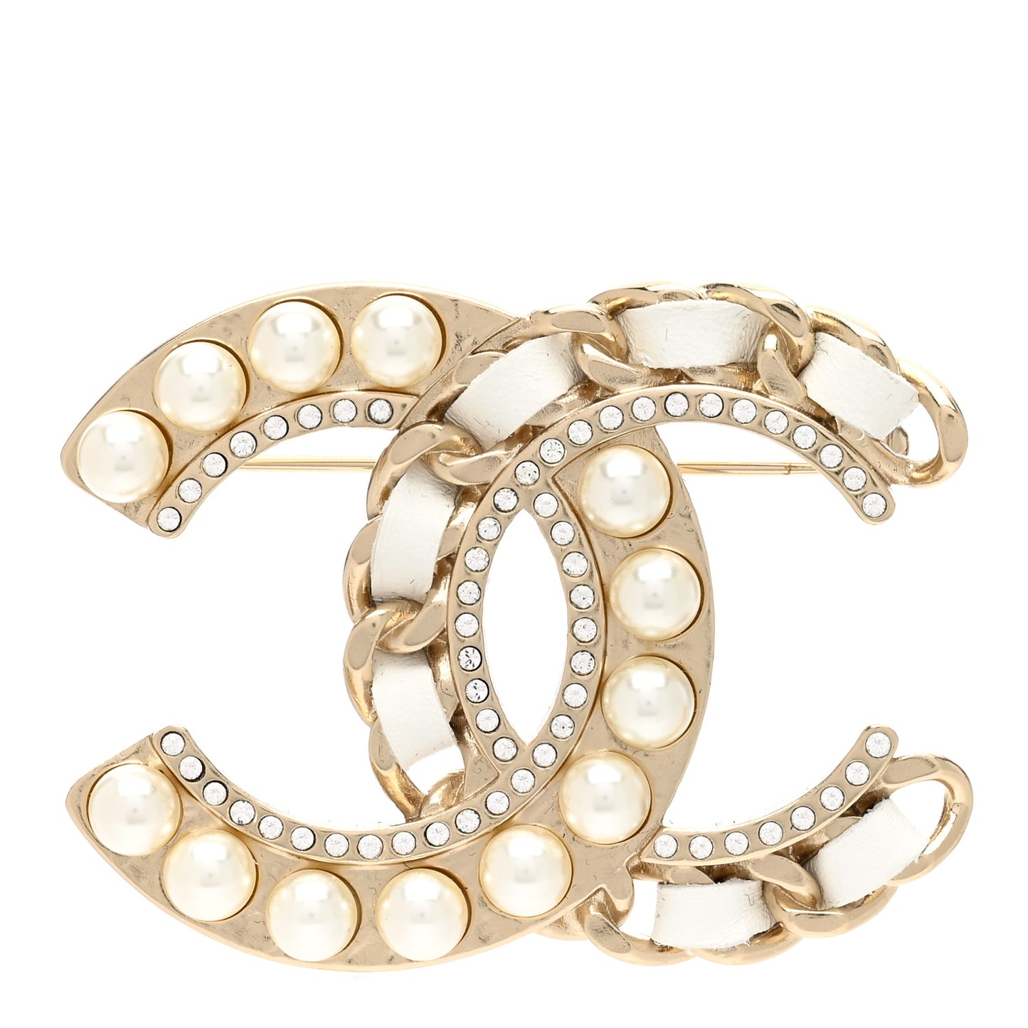 Lambskin Pearl Crystal CC Chain Brooch White Gold