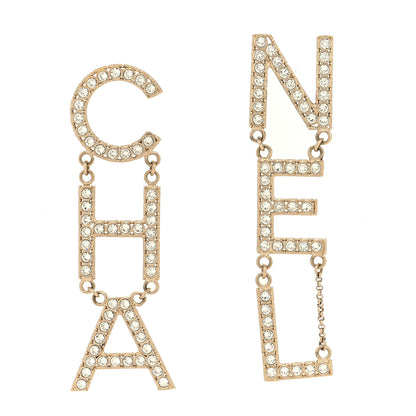 Chanel Crystal Cha-Nel Logo Drop Earrings Gold 1 of 4
