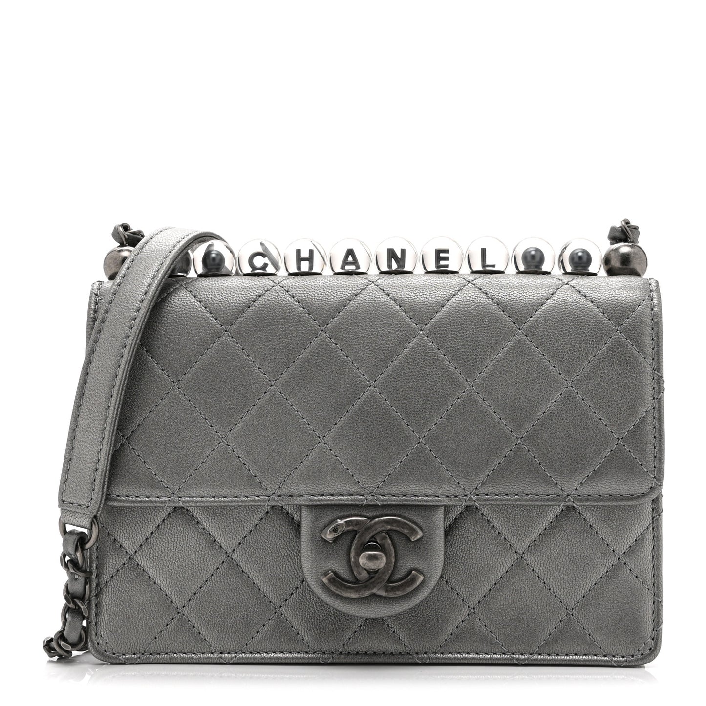 Metallic Goatskin Quilted Small Chic Pearls Flap Silver