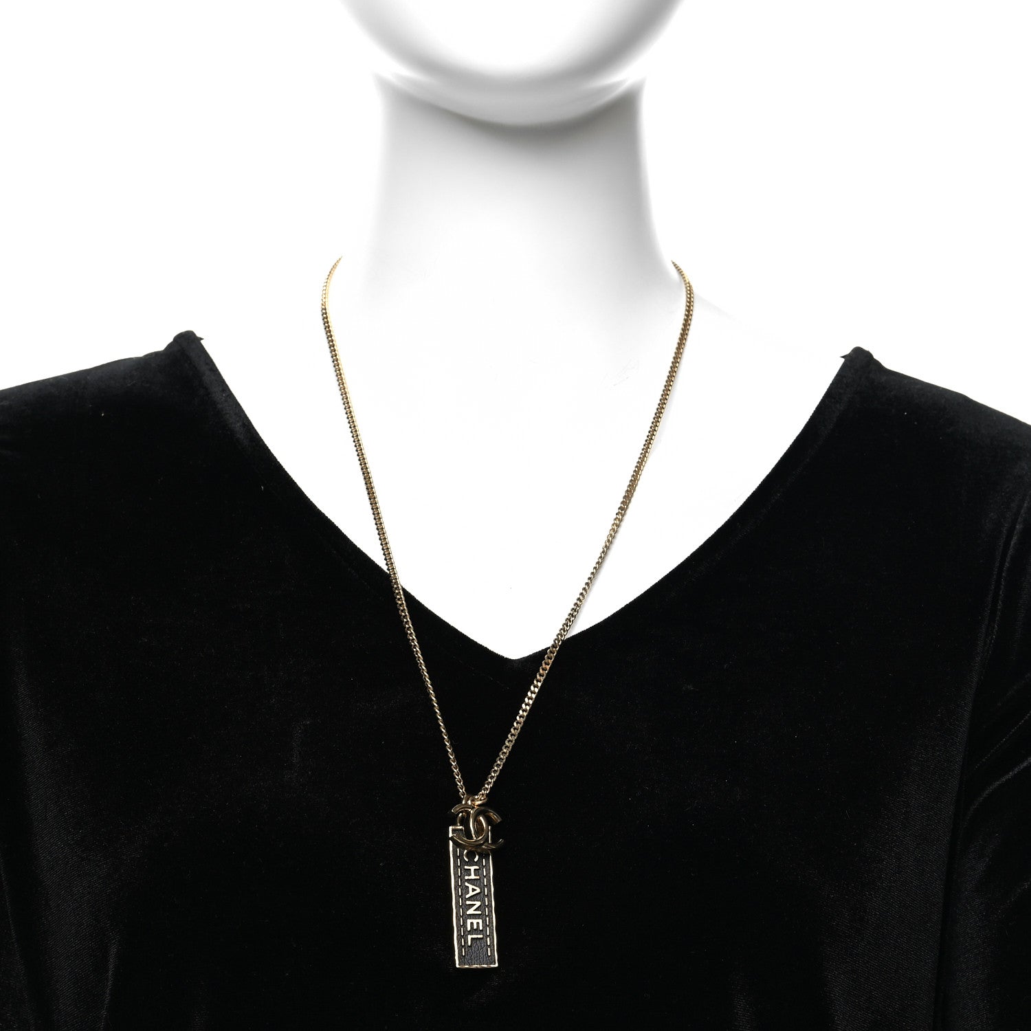 Chanel ID Dog Tag Charm Necklace Gold Black 2 of 5