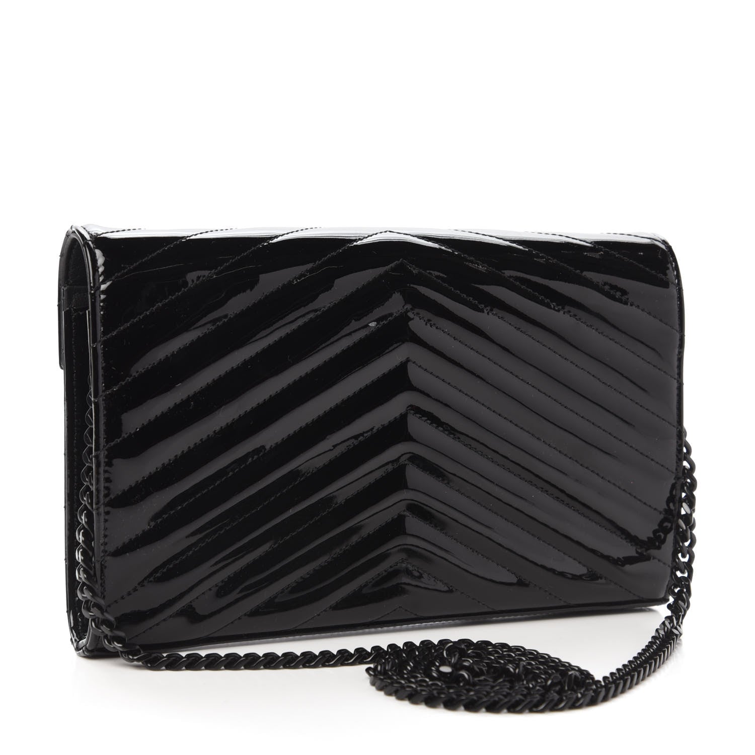 Saint Laurent Patent Matelasse Chevron Monogram Chain Wallet Black 3 of 9