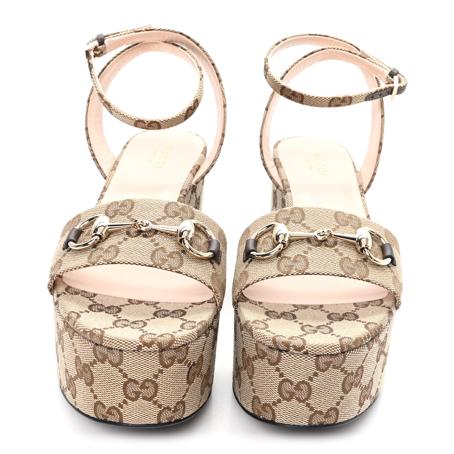 Gucci Monogram Nappa Chalotte Horsebit Ankle Strap 75mm Flatform Sandals 37 Beige Ebony 3 of 10
