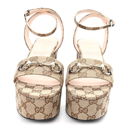 Gucci Monogram Nappa Chalotte Horsebit Ankle Strap 75mm Flatform Sandals 37 Beige Ebony 3 of 10