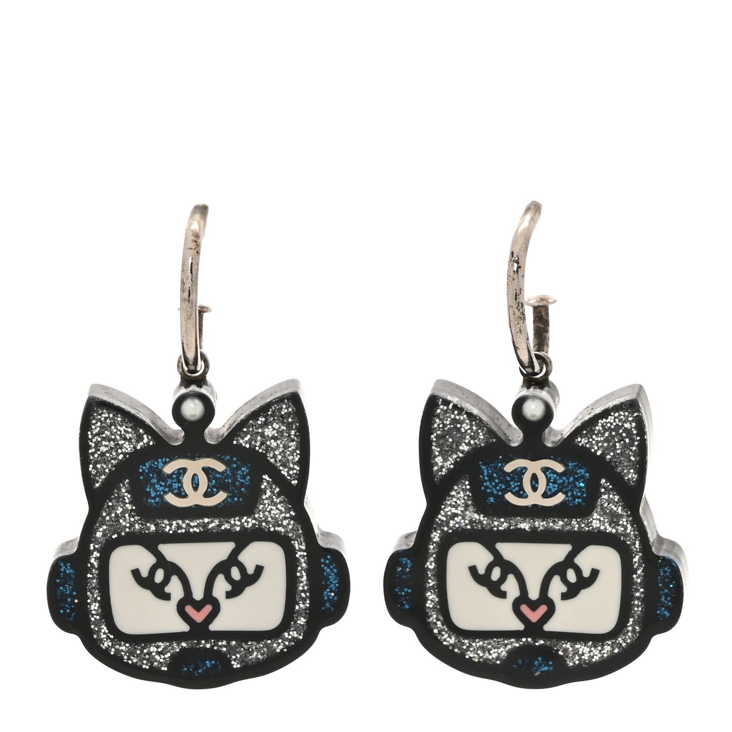 Resin Emoji Robot Cat Drop Earrings Black Silver Blue