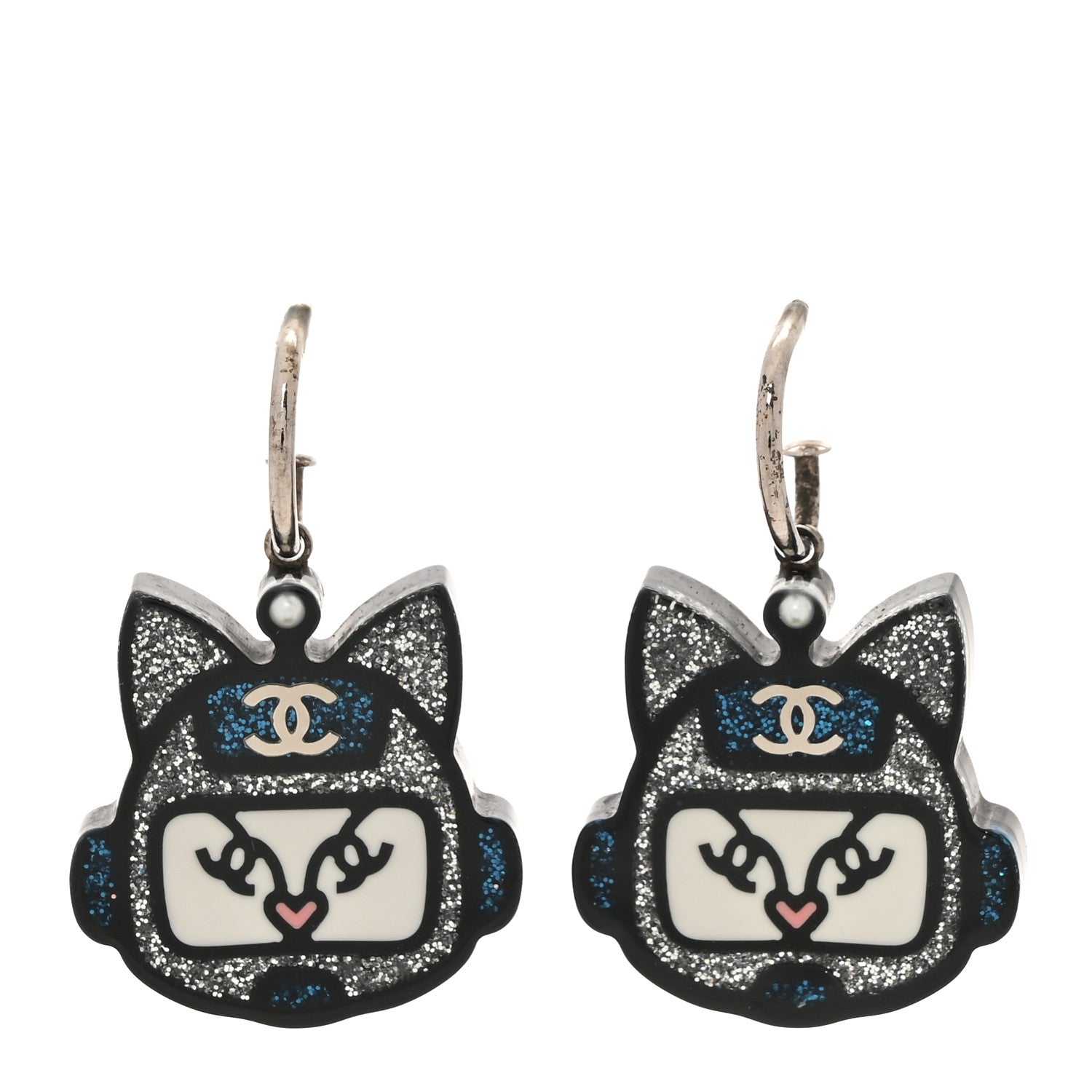 Chanel Resin Emoji Robot Cat Drop Earrings Black Silver Blue 1 of 5