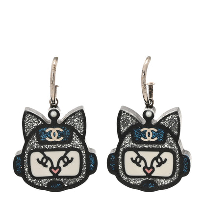 Chanel Resin Emoji Robot Cat Drop Earrings Black Silver Blue 1 of 5