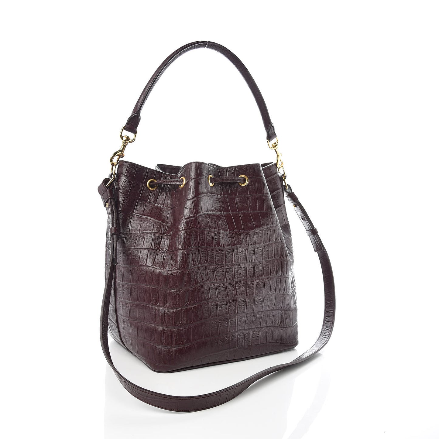 Calfskin Crocodile Embossed Large Emmanuelle Bucket Bag Burgundy