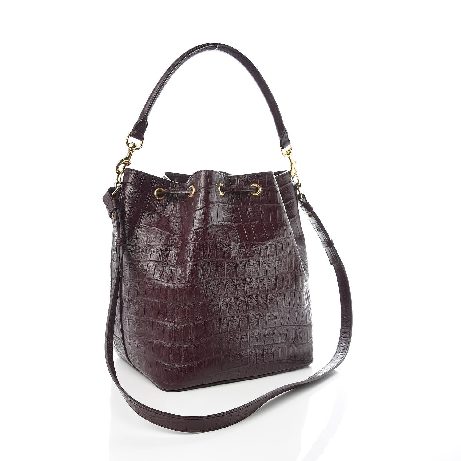 Saint Laurent Calfskin Crocodile Embossed Large Emmanuelle Bucket Bag Burgundy 3 of 9