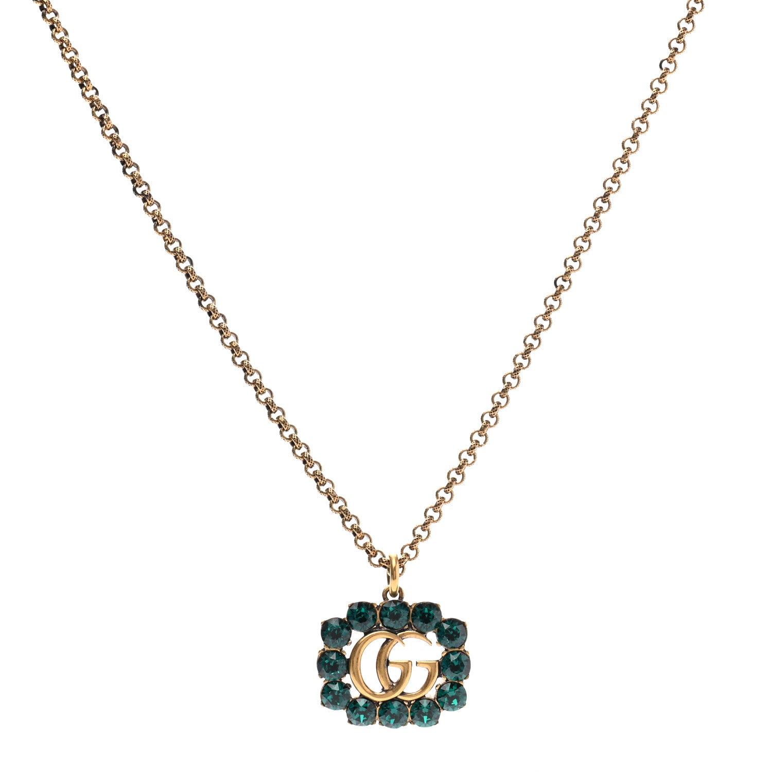 Gucci Crystal Embellished Double G Necklace Aged Gold Green 1 of 8