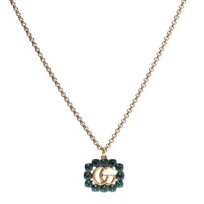 Gucci Crystal Embellished Double G Necklace Aged Gold Green 1 of 8