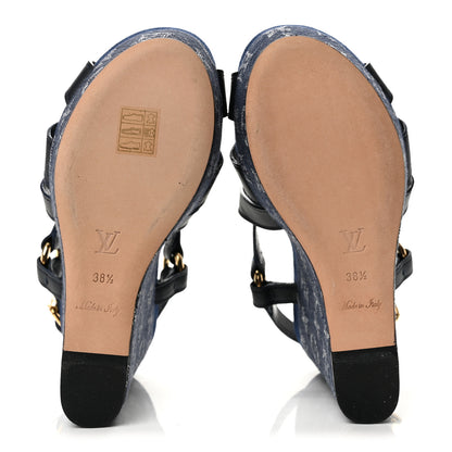 Louis Vuitton Calfskin Monogram Denim Ocean Wedge Sandals 38.5 Blue 6 of 11