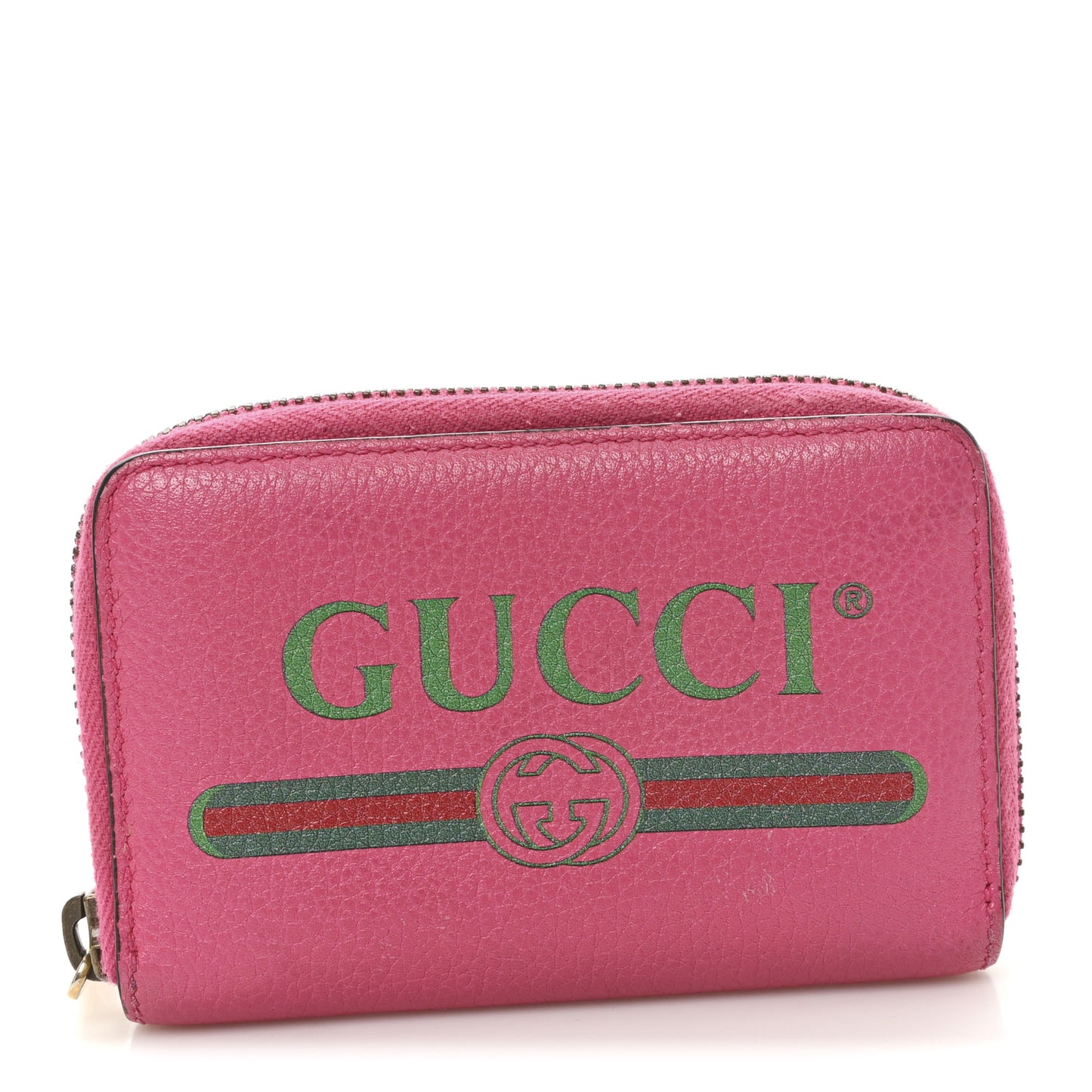 Grained Calfskin Logo Zip Around Card Case Box Pink Green
