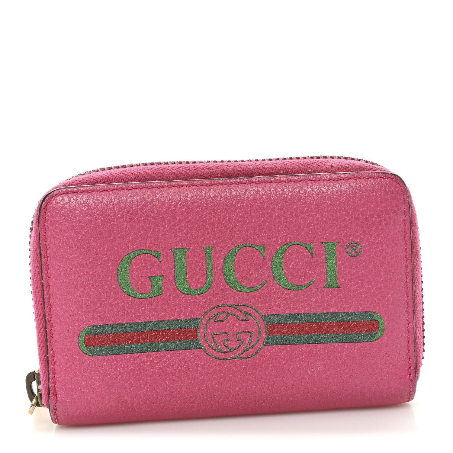 Gucci Grained Calfskin Logo Zip Around Card Case Box Pink Green 1 of 6