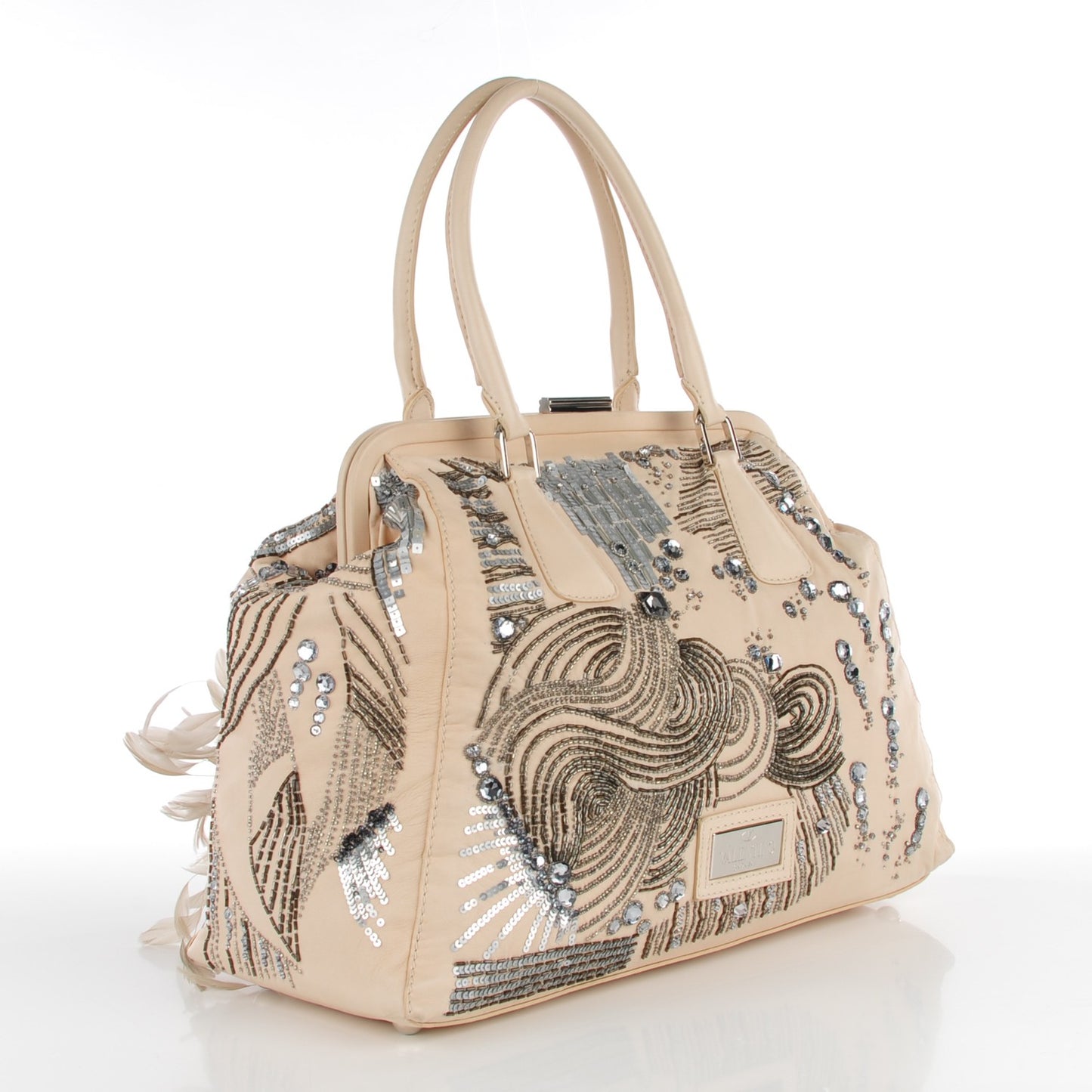 Feather Sequin Alice Glam Frame Satchel Beige