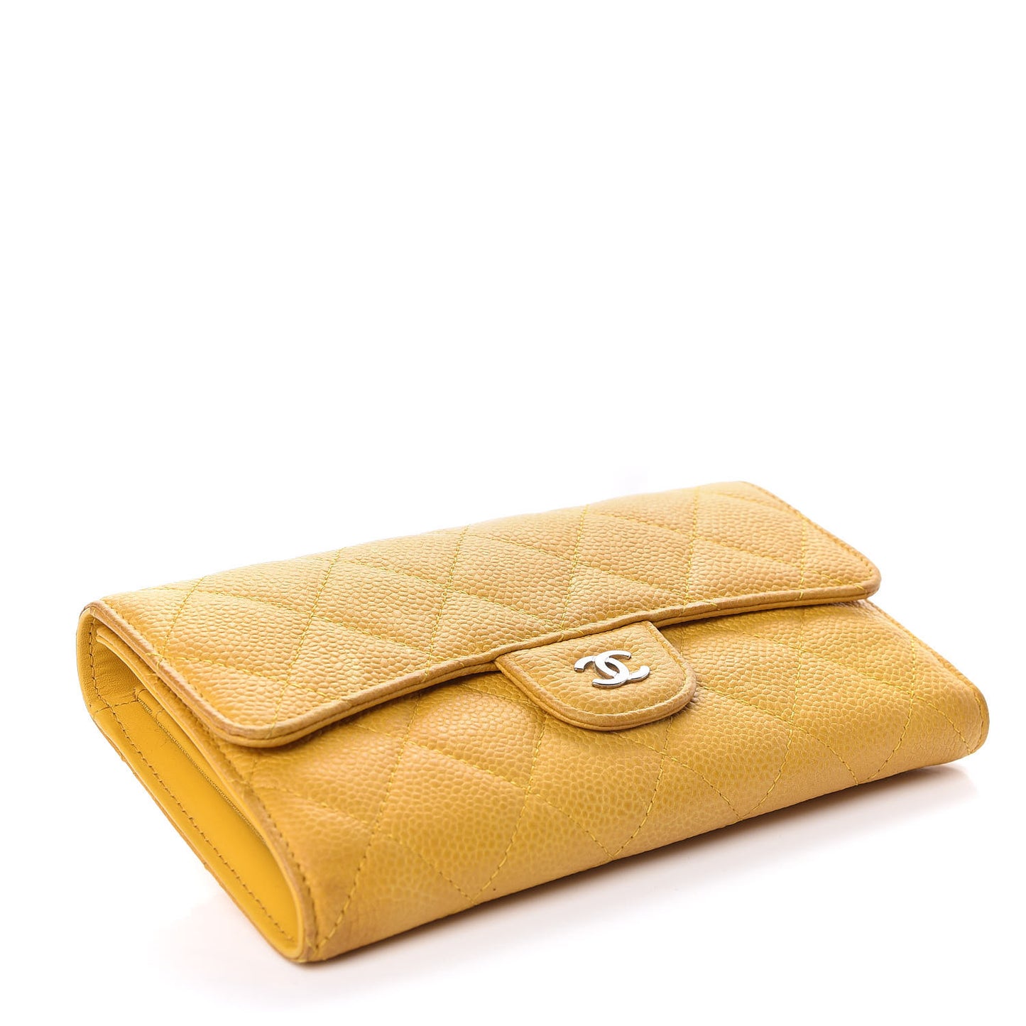 Iridescent Caviar Quilted Large Flap Wallet Yellow