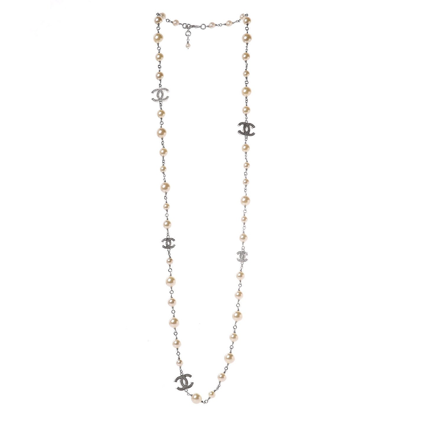 Crystal Pearl CC Long Necklace Silver
