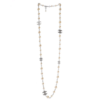 Chanel Crystal Pearl CC Long Necklace Silver 1 of 6