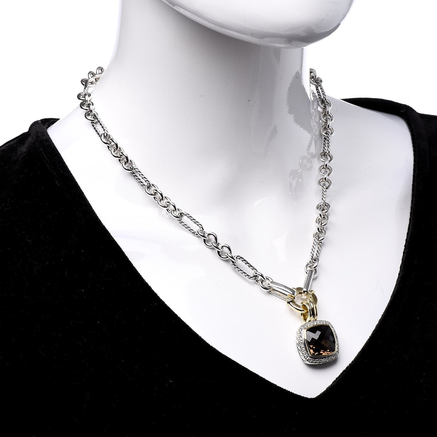 David Yurman Sterling Silver 18K Yellow Gold Diamond Smoky Quartz 14mm Albion Figaro Chain Pendant Necklace 2 of 6