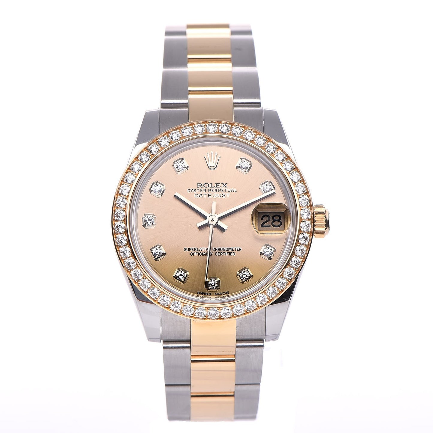Stainless Steel 18K Yellow Gold Diamond Bezel 31mm Oyster Perpetual DateJust Watch Champagne