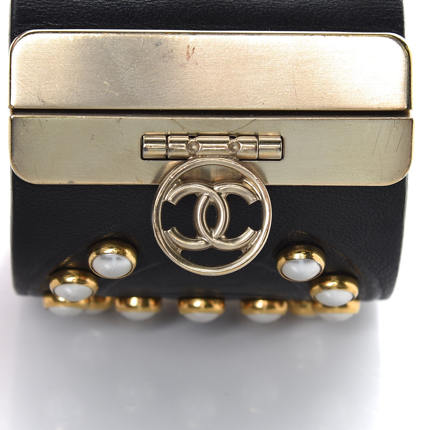 Chanel Lambskin Calfskin Pearl CC Cuff Bracelet Black Gold 5 of 5