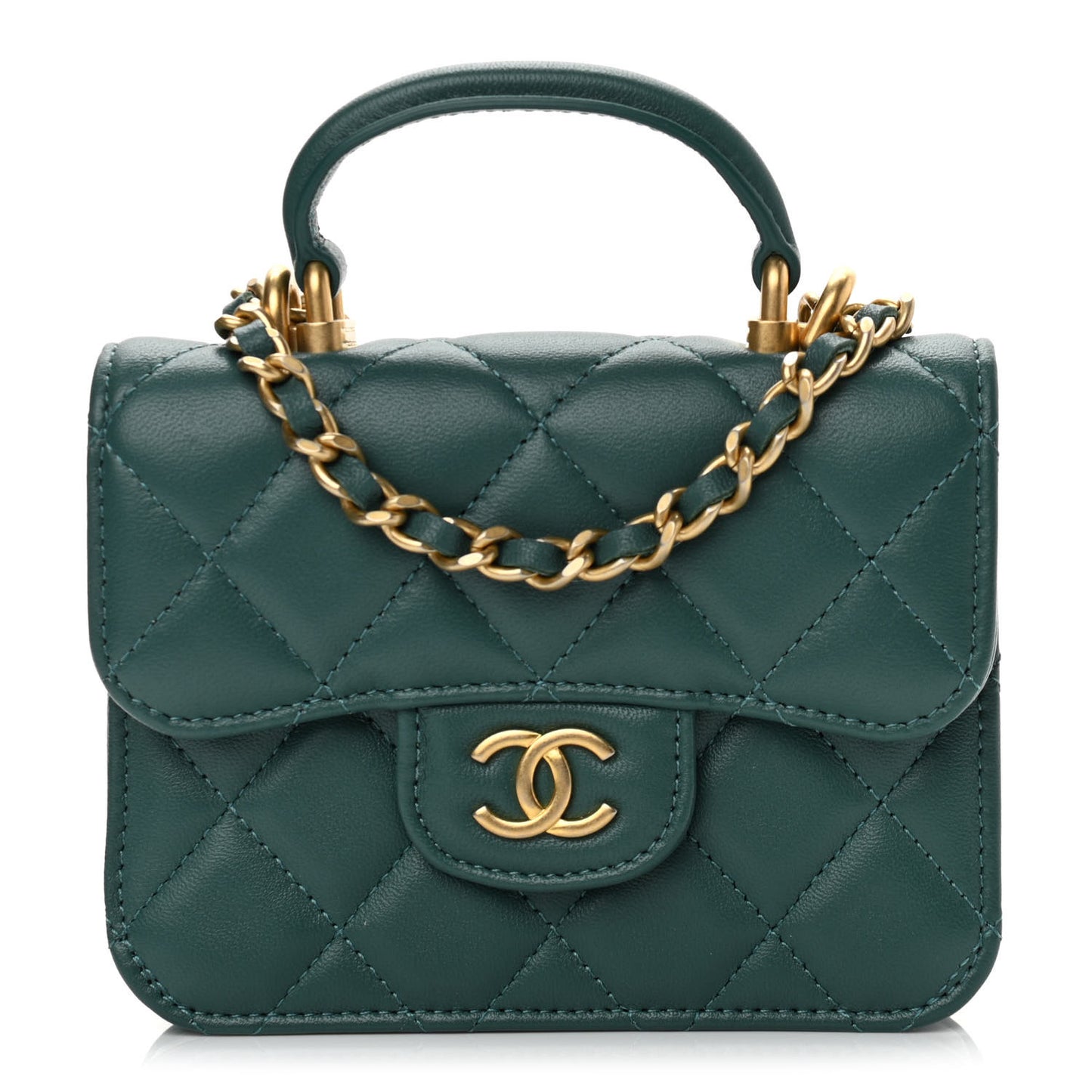 Lambskin Quilted Top Handle Flap Coin Purse With Chain Green