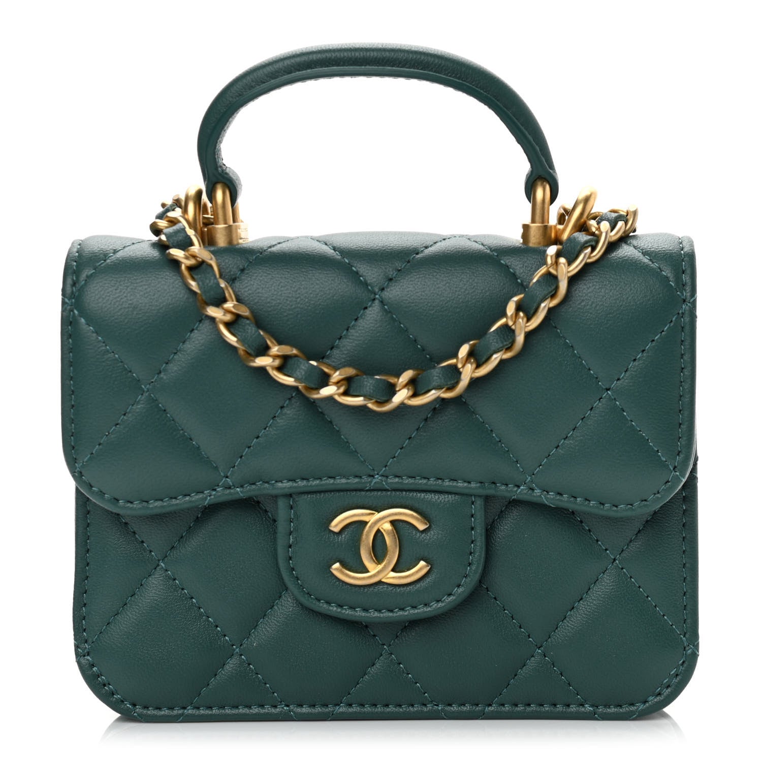 Chanel Lambskin Quilted Top Handle Flap Coin Purse With Chain Green 1 of 11