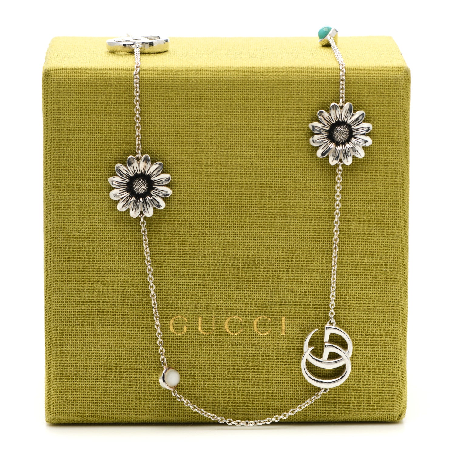Gucci Sterling Silver Mother of Pearl Topaz GG Marmont Flower Station Necklace 5 of 5