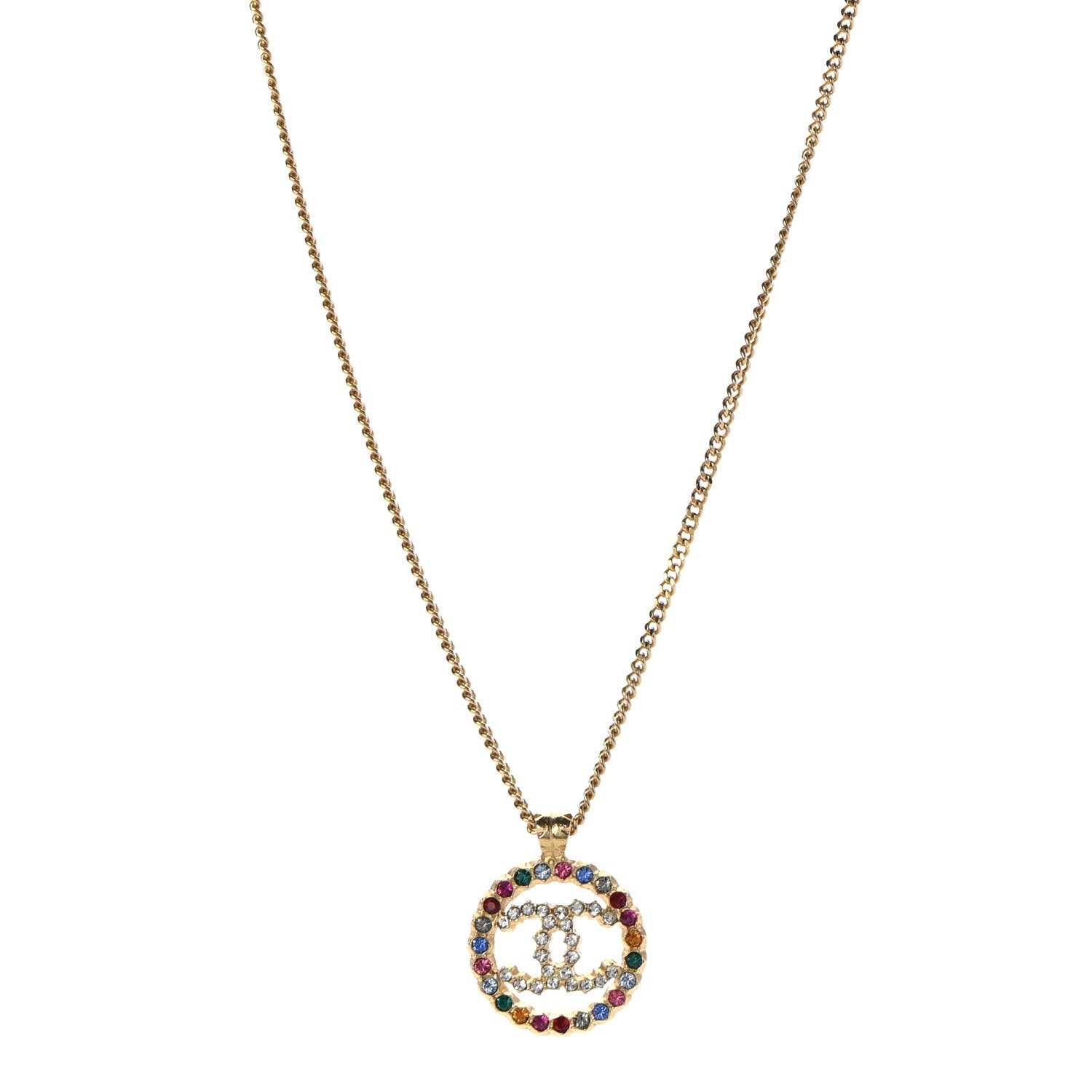 Chanel Crystal Over The Rainbow CC Pendant Necklace Gold Multicolor 1 of 7