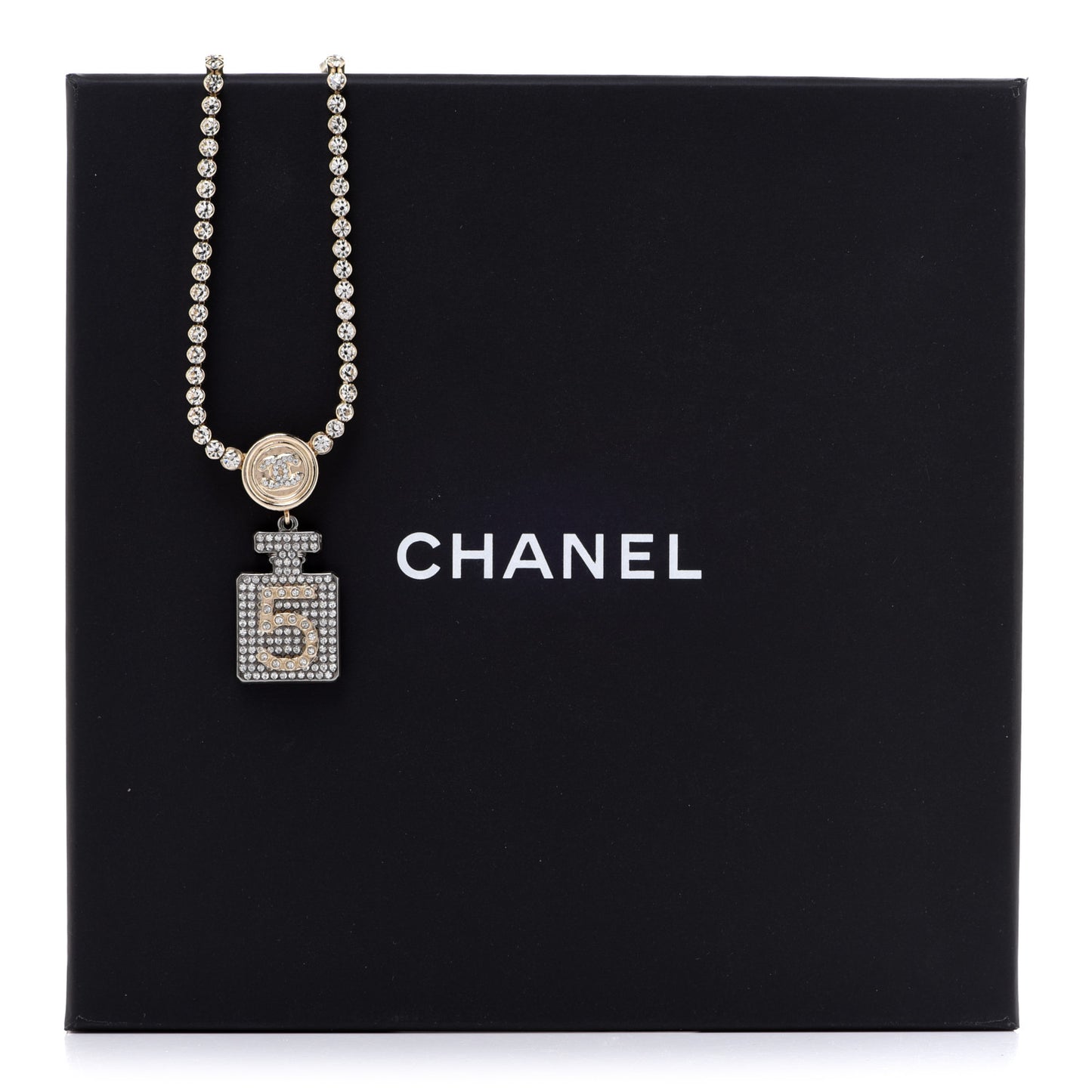 Crystal CC Perfume Bottle Necklace Gold