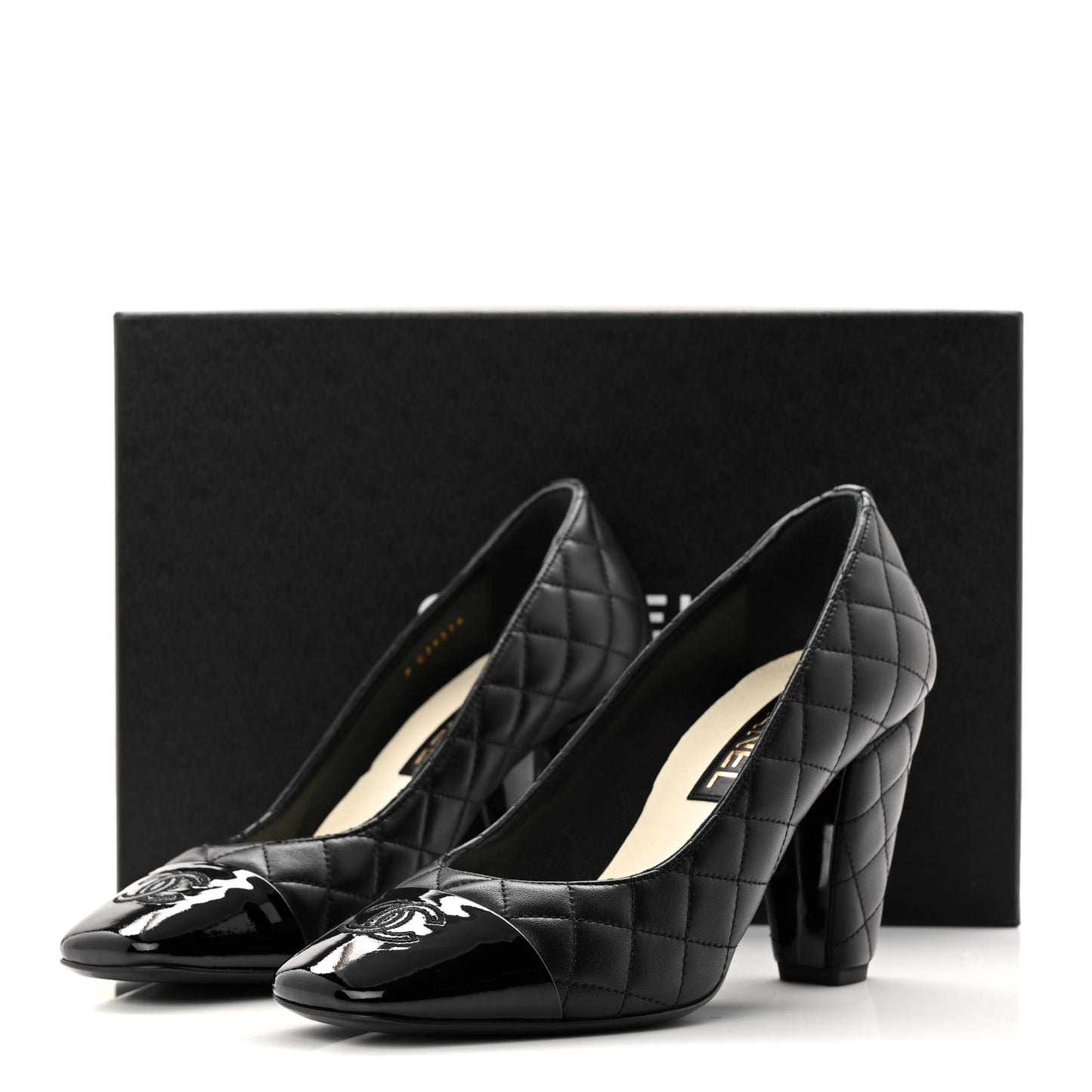 Lambskin Patent Quilted CC Cap Toe Pumps 38.5 Black