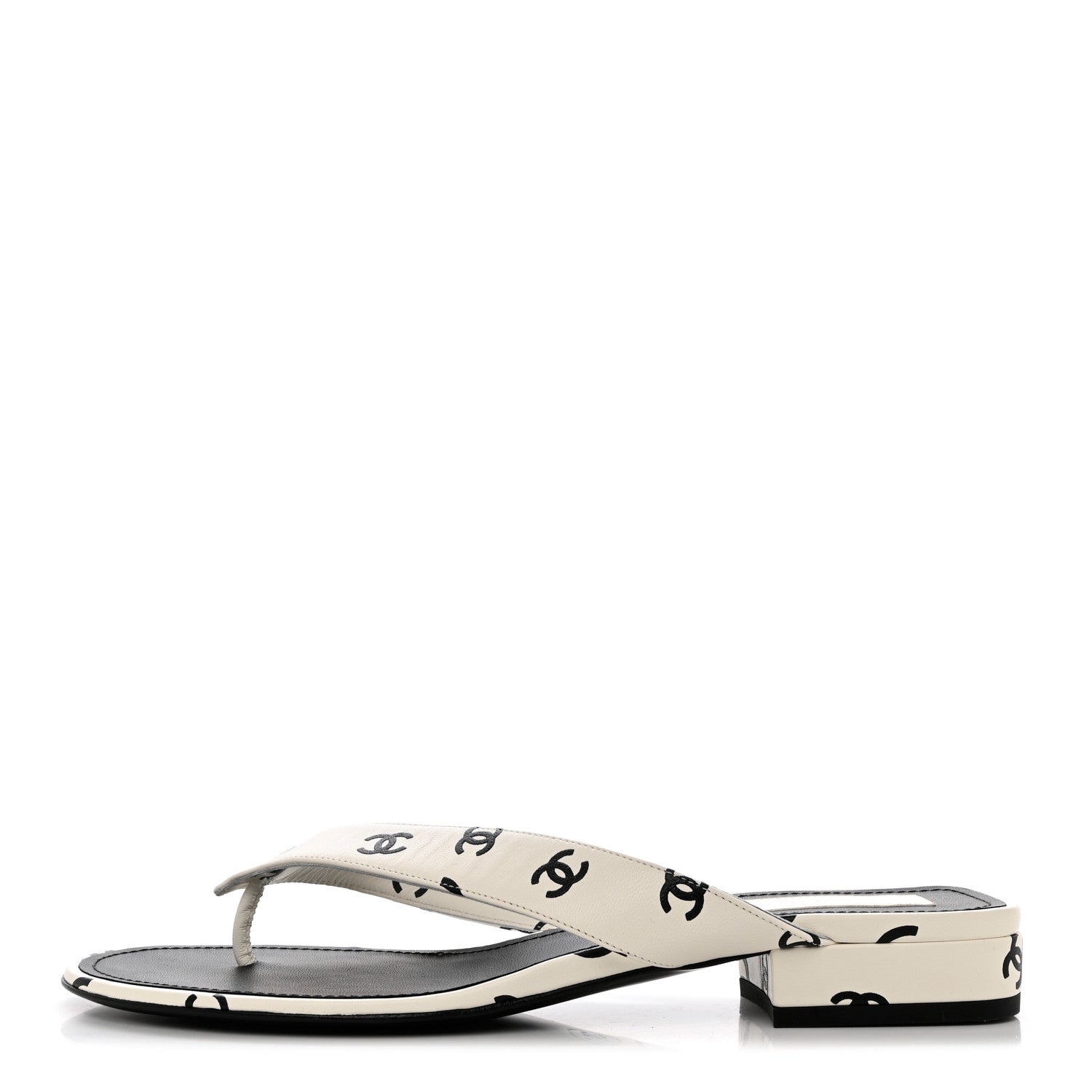 Chanel Lambskin Printed CC Thong Sandals 40 White Black 1 of 9
