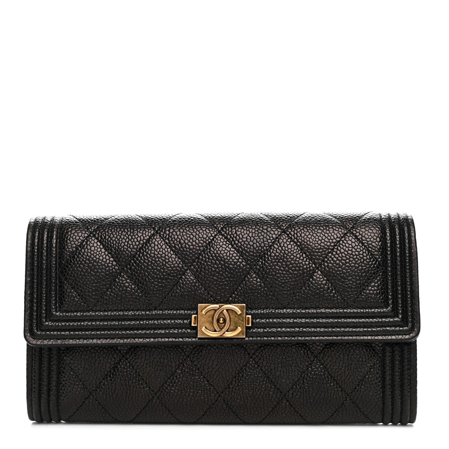 Caviar Quilted Large Boy Gusset Flap Wallet Black