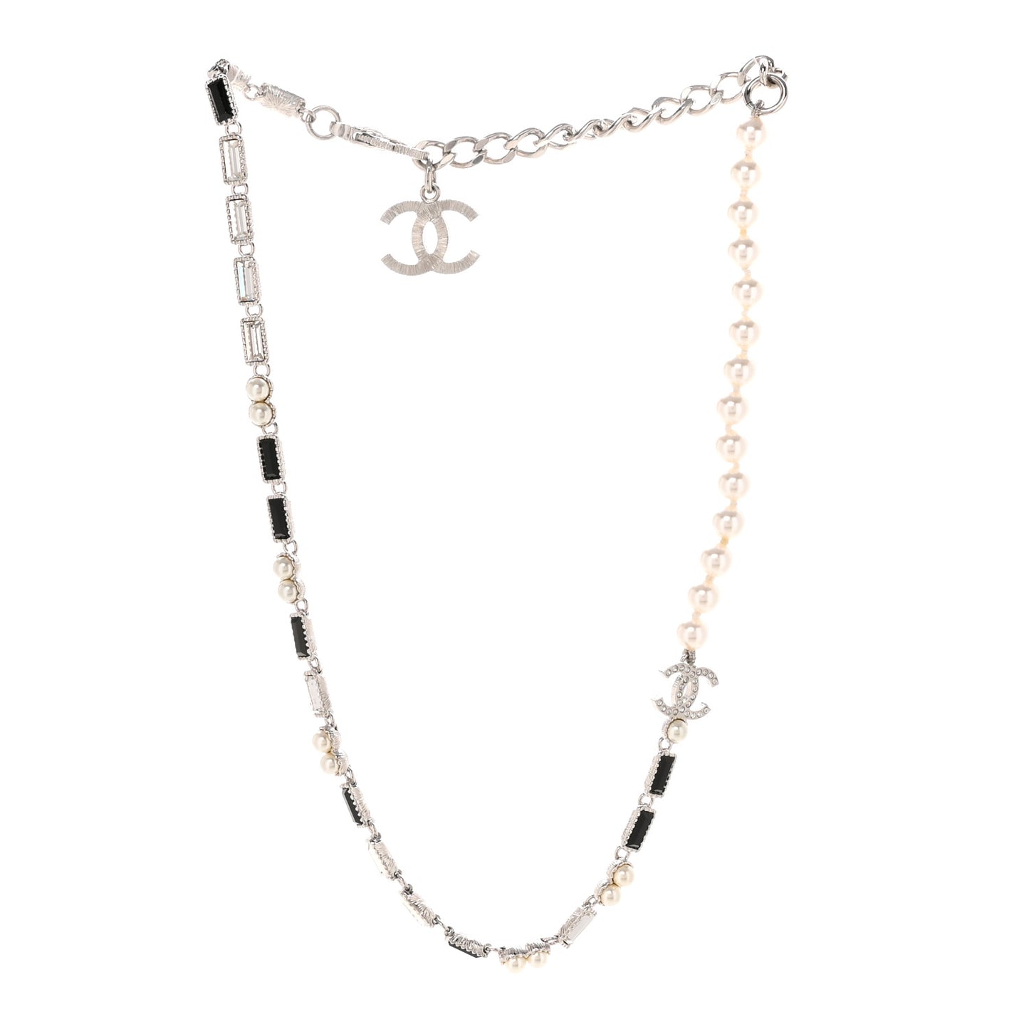 Pearl Baguette Crystal CC Choker Necklace Silver Black