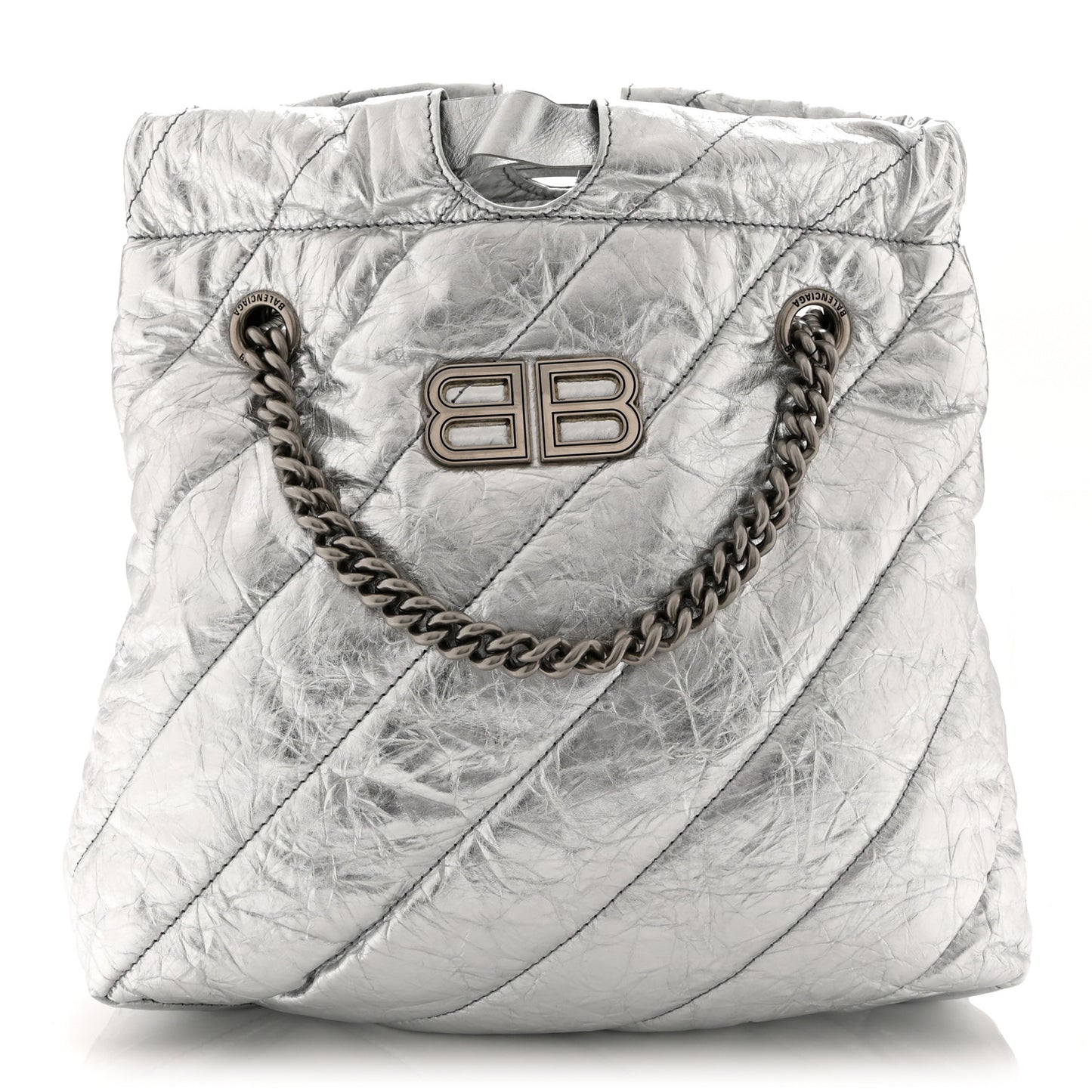 Crushed Calfskin Quilted Crush Small Tote Bag Silver