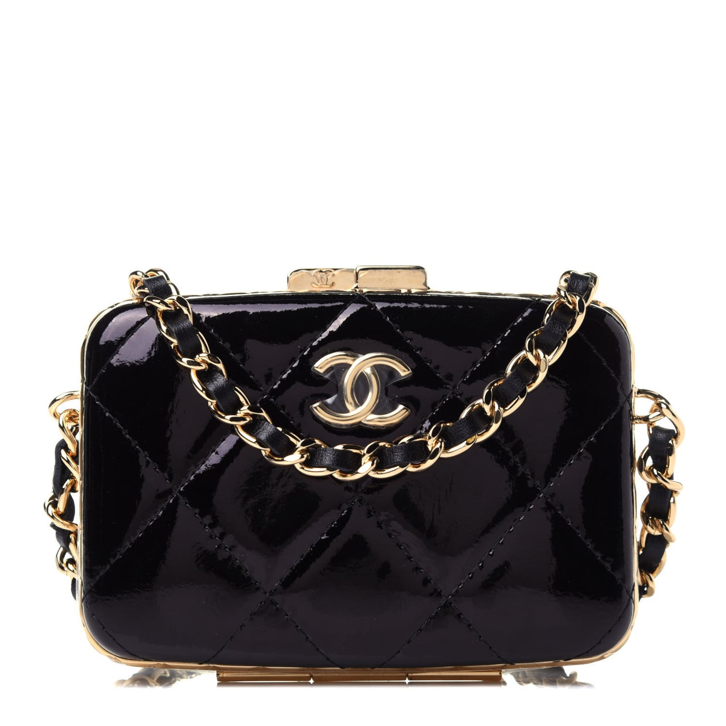 Glazed Goatskin Quilted Small Box With Chain Black