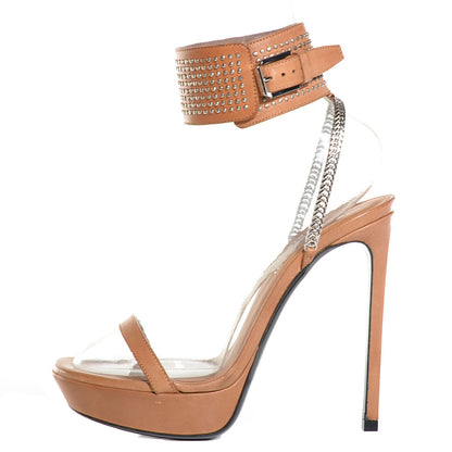 Saint Laurent Calfskin Studded Christa Ankle Cuff Sandals 37 Beige 8 of 14