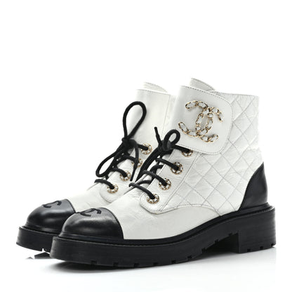Chanel Shiny Lambskin Quilted Lace Up Combat Boots 37.5 White Black 3 of 8
