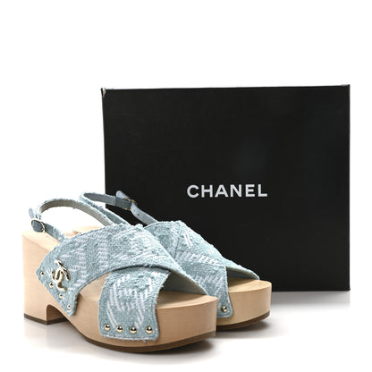 Chanel Jacquard Studded Slingback Clog Sandals 39 Turquoise White 9 of 9