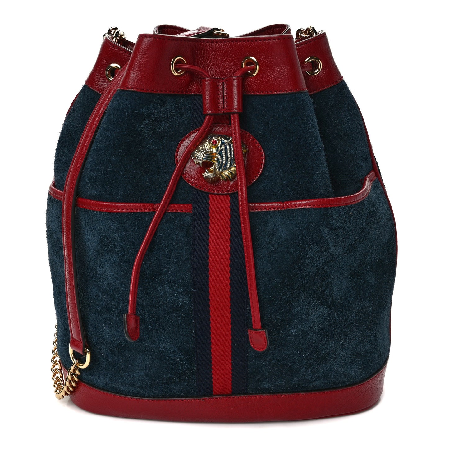Suede Calfskin Web Medium Rajah Bucket Bag New Blue Romantic Cherry
