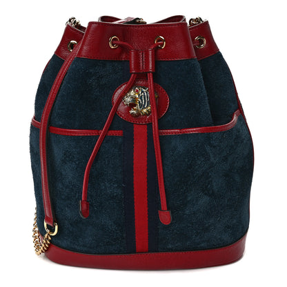 Gucci Suede Calfskin Web Medium Rajah Bucket Bag New Blue Romantic Cherry 1 of 9