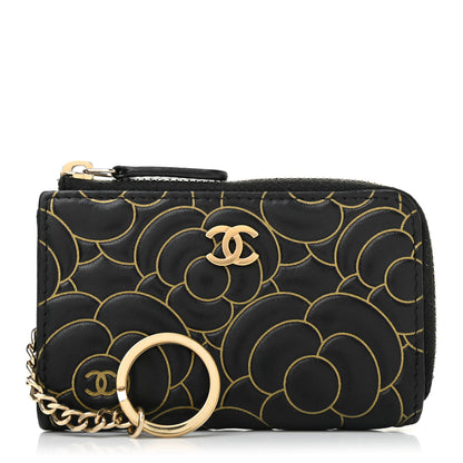 Chanel Lambskin Camellia Embossed Key Holder Case Black Gold 1 of 7