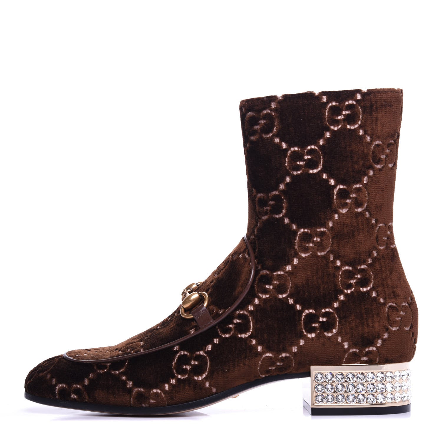 Gucci Velvet GG Monogram Crystal Horsebit Ankle Boots 38.5 Brown Vintage Cocoa 1 of 8
