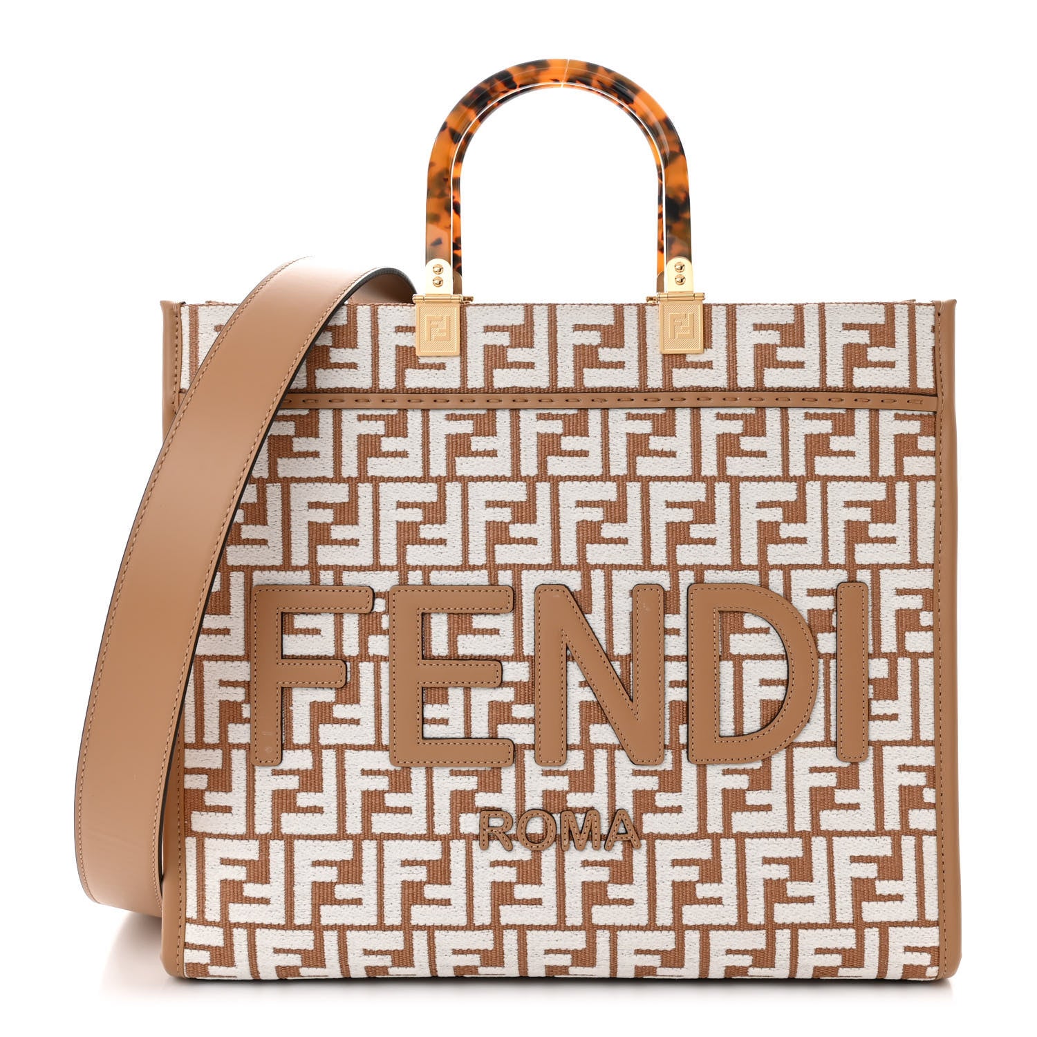Fendi Woven Fabric Calfskin FF Medium Fendi Sunshine Shopper Tote Natural White Dark Honey 1 of 10