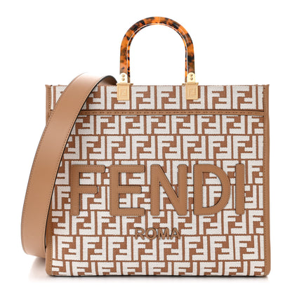 Fendi Woven Fabric Calfskin FF Medium Fendi Sunshine Shopper Tote Natural White Dark Honey 1 of 10